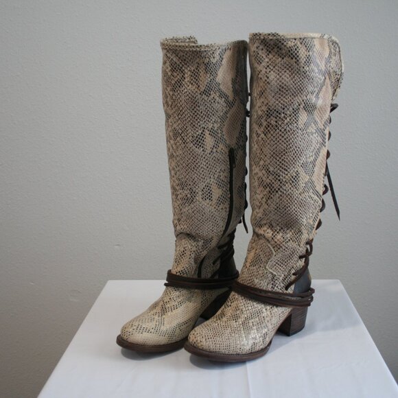 Freebird by Steven Shoes - Freebird Tall Leather Coal White Snake Knee Boots Size 8